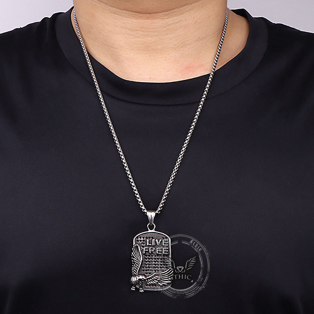 Punk Eagle Live Free Square Stainless Steel Pendant | Gthic.com