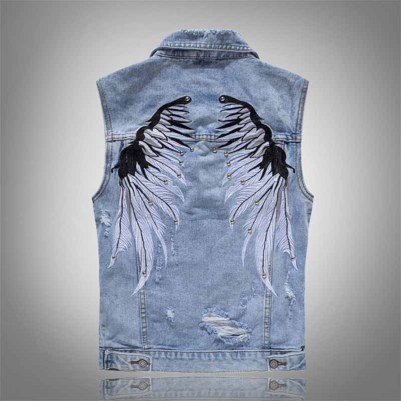 Punk Feather Wings Embroidered Rivet Denim Vest 02 | Gthic.com