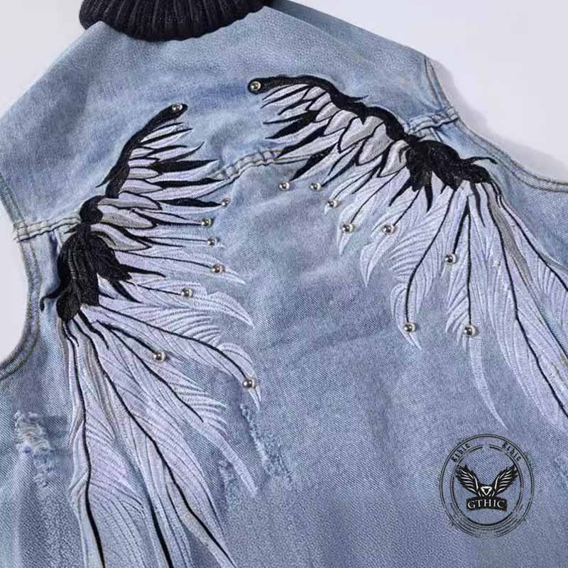Punk Feather Wings Embroidered Rivet Denim Vest 03 | Gthic.com
