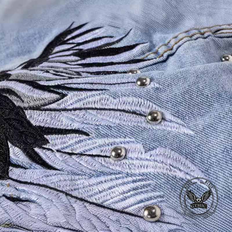 Punk Feather Wings Embroidered Rivet Denim Vest