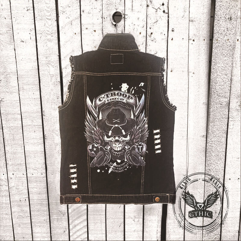 Punk Fierce Soldier Skull Print Denim Vest | Gthic.com