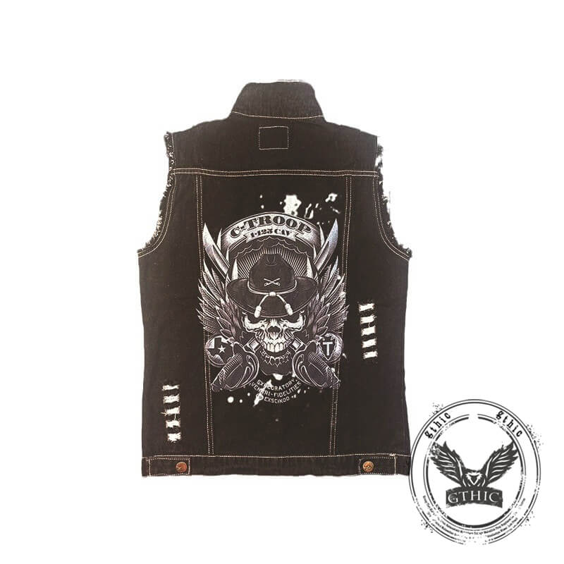 Punk Fierce Soldier Skull Print Denim Vest | Gthic.com
