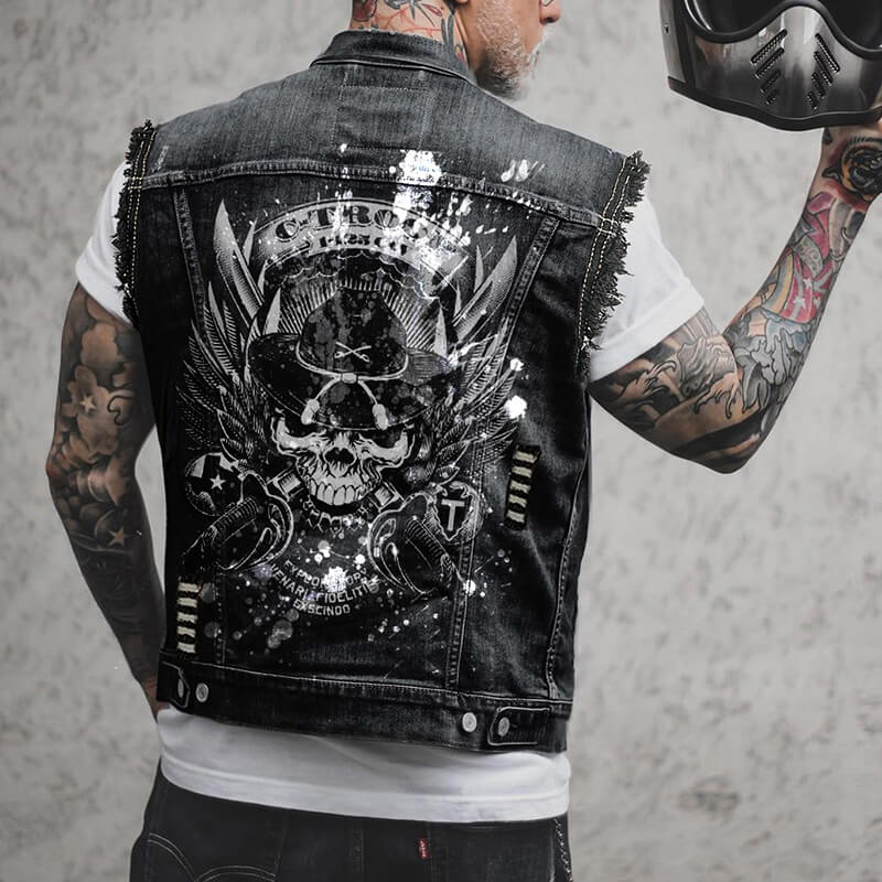 Punk Fierce Soldier Skull Print Denim Vest | Gthic.com