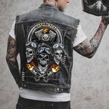 Punk Flame Motorcycle Skull Print Denim Vest 01 | Gthic.com