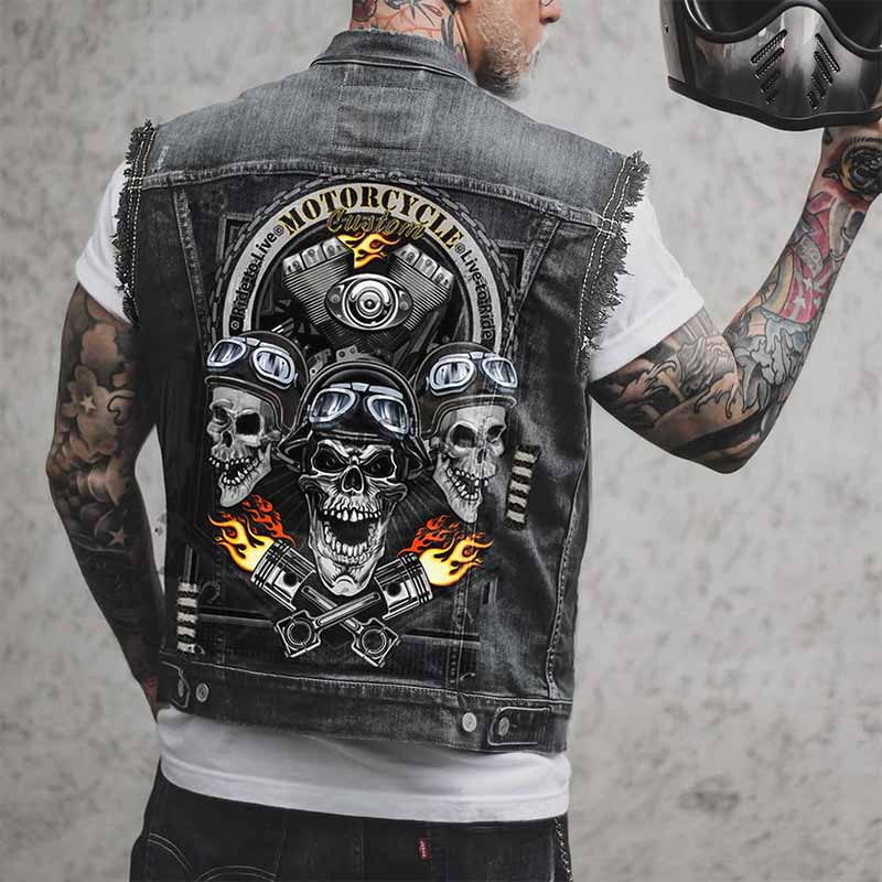 Punk Flame Motorcycle Skull Print Denim Vest 01 | Gthic.com