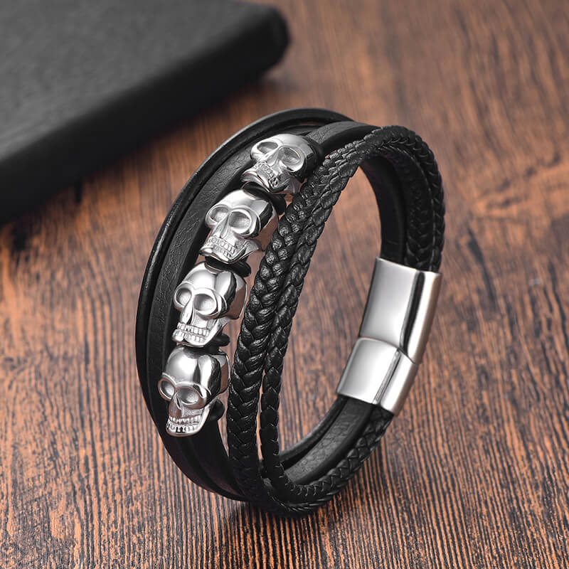 Punk Four Skulls Multi-Layer Braided Leather Bracelet | Gthic.com