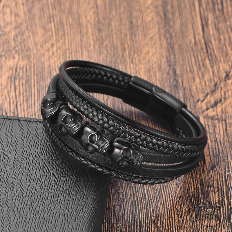 Punk Four Skulls Multi-Layer Braided Leather Bracelet