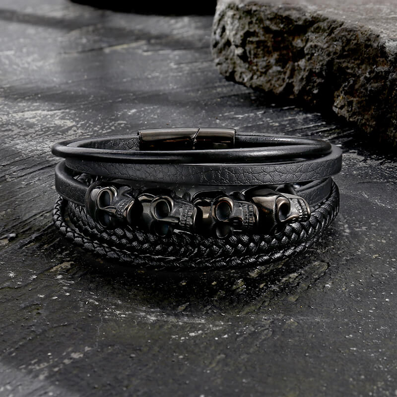 Punk Four Skulls Multi-Layer Braided Leather Bracelet