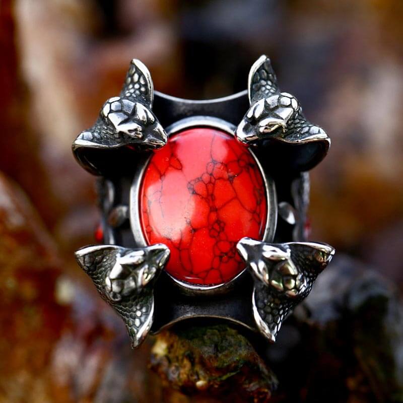 Punk Four Snake Heads Red Gem Stainless Steel Ring 01 | Gthic.com