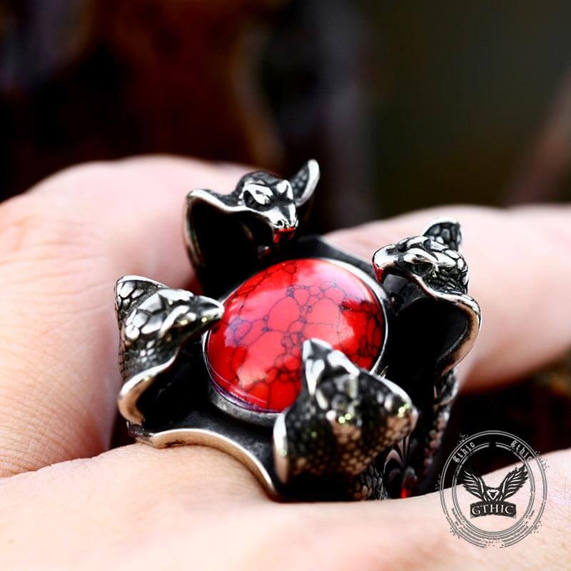 Punk Four Snake Heads Red Gem Stainless Steel Ring 02 | Gthic.com