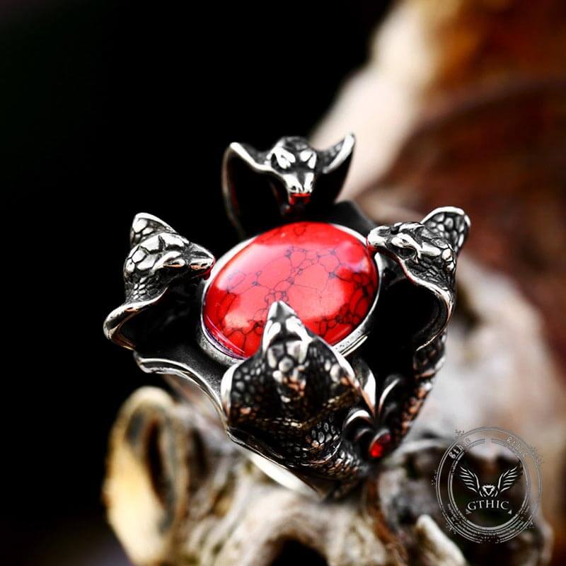 Punk Four Snake Heads Red Gem Stainless Steel Ring 03 | Gthic.com