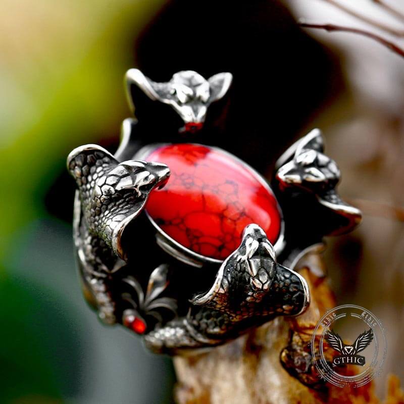 Punk Four Snake Heads Red Gem Stainless Steel Ring