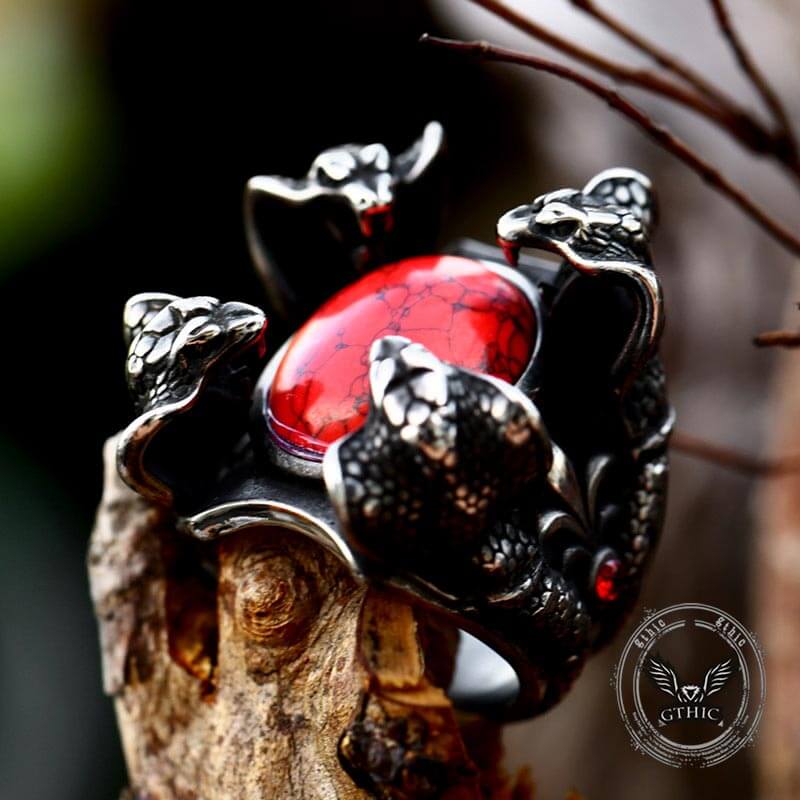 Punk Four Snake Heads Red Gem Stainless Steel Ring