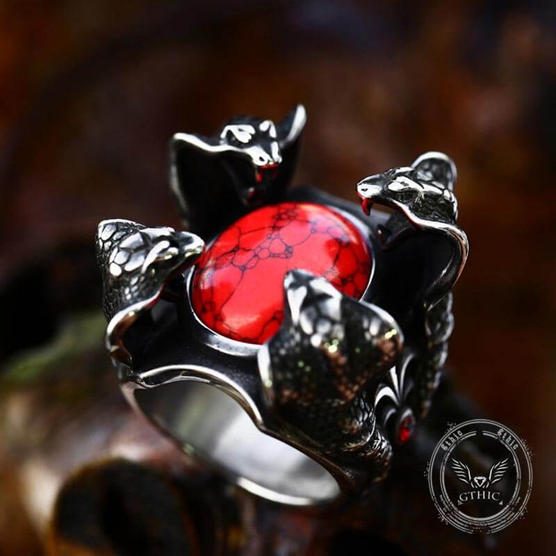 Punk Four Snake Heads Red Gem Stainless Steel Ring