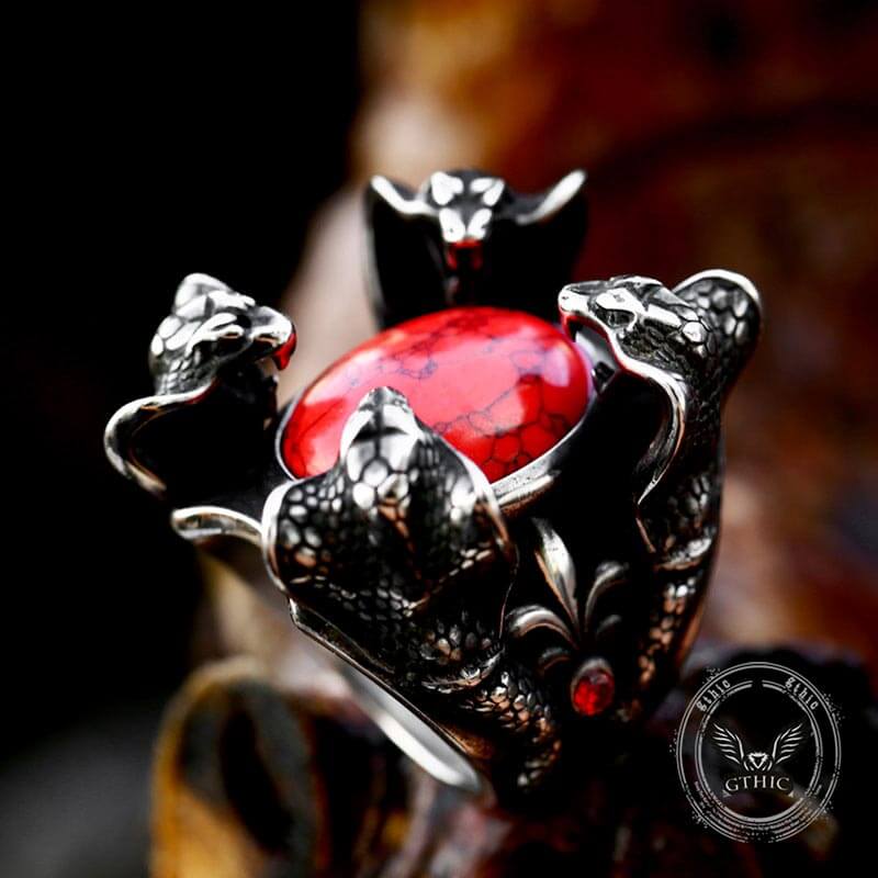Punk Four Snake Heads Red Gem Stainless Steel Ring