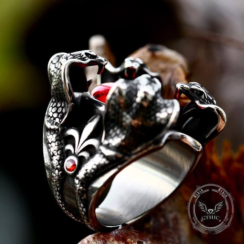 Punk Four Snake Heads Red Gem Stainless Steel Ring