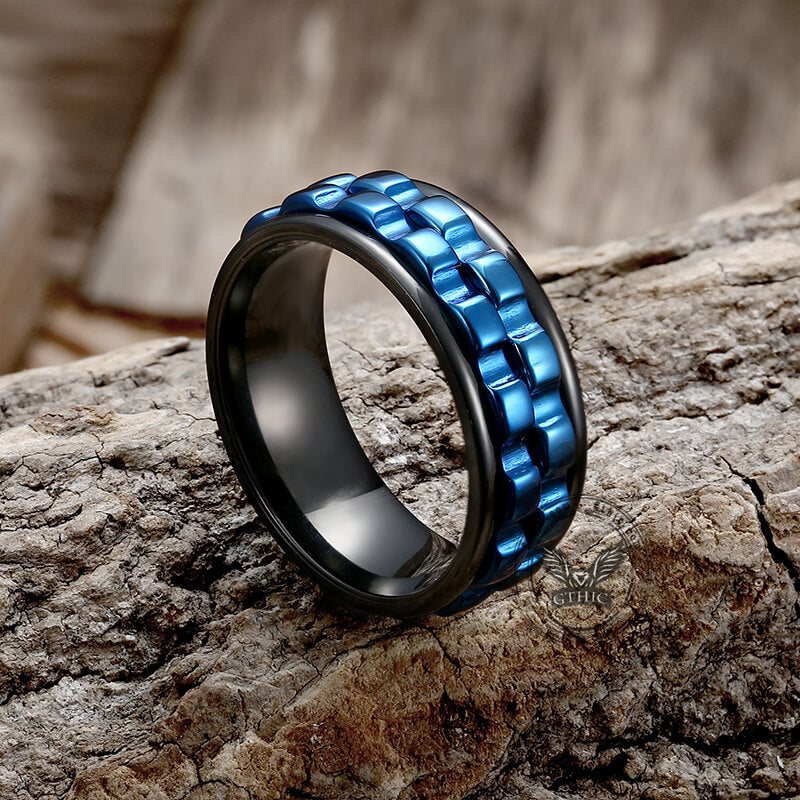 rings with gears Calendar Stainless Steel Spinner Ring For Anxiety, Black Ring / Blue