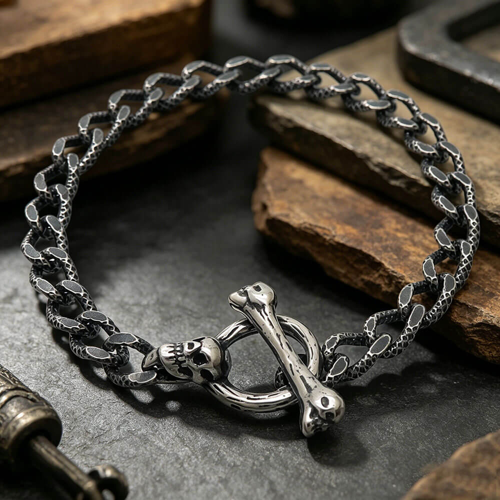 Punk Gothic Skull Bone Stainless Steel OT Buckle Bracelet
