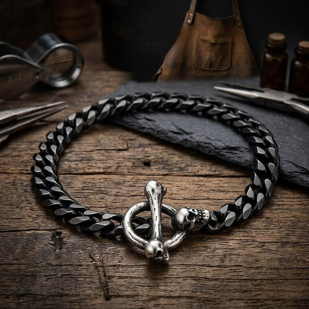 Punk Gothic Skull Bone Stainless Steel OT Buckle Bracelet
