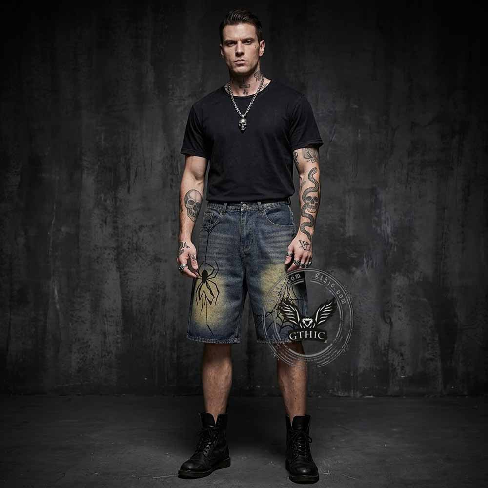 Punk Hand-Drawn Spider Pattern Loose Denim Shorts | Gthic.com