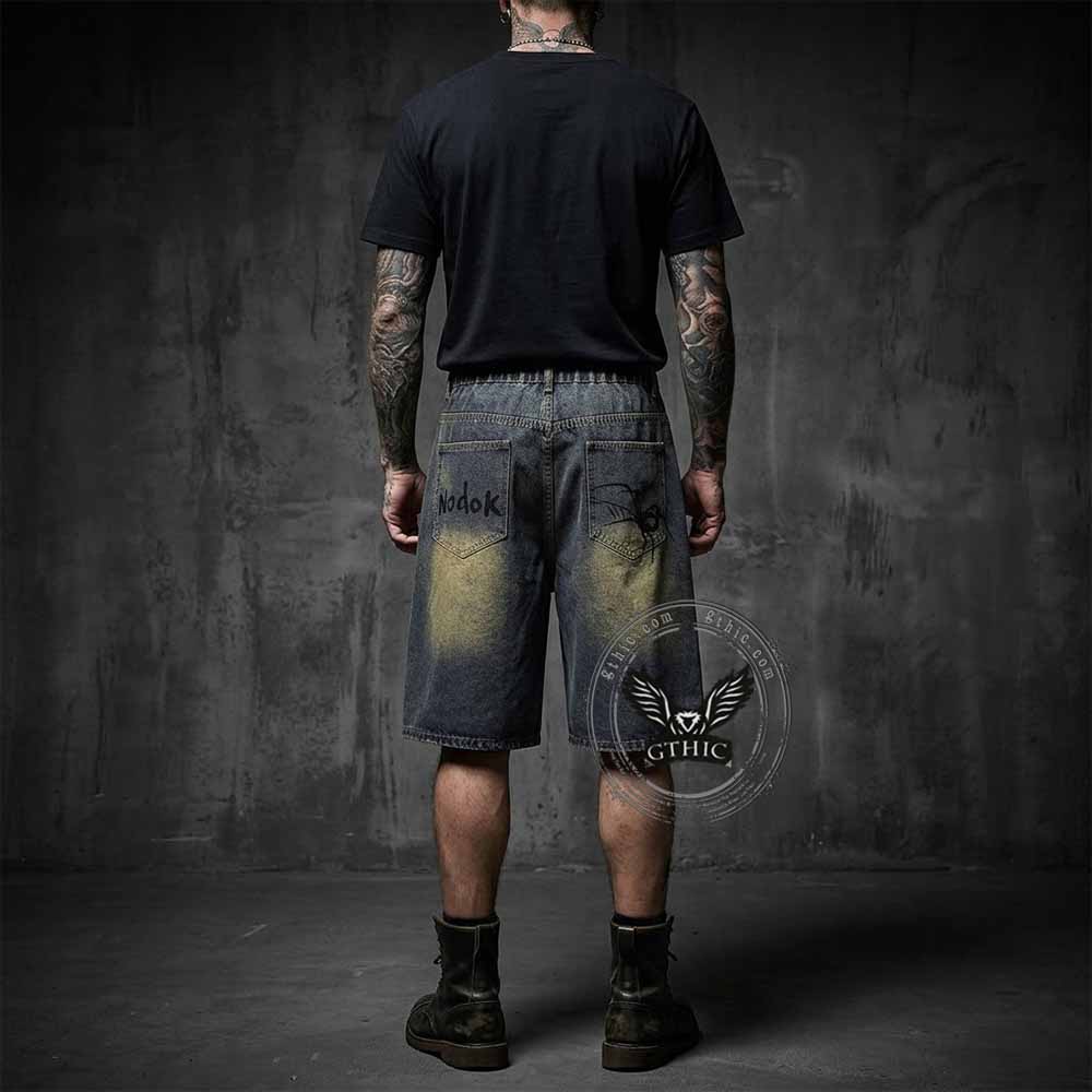 Punk Hand-Drawn Spider Pattern Loose Denim Shorts | Gthic.com