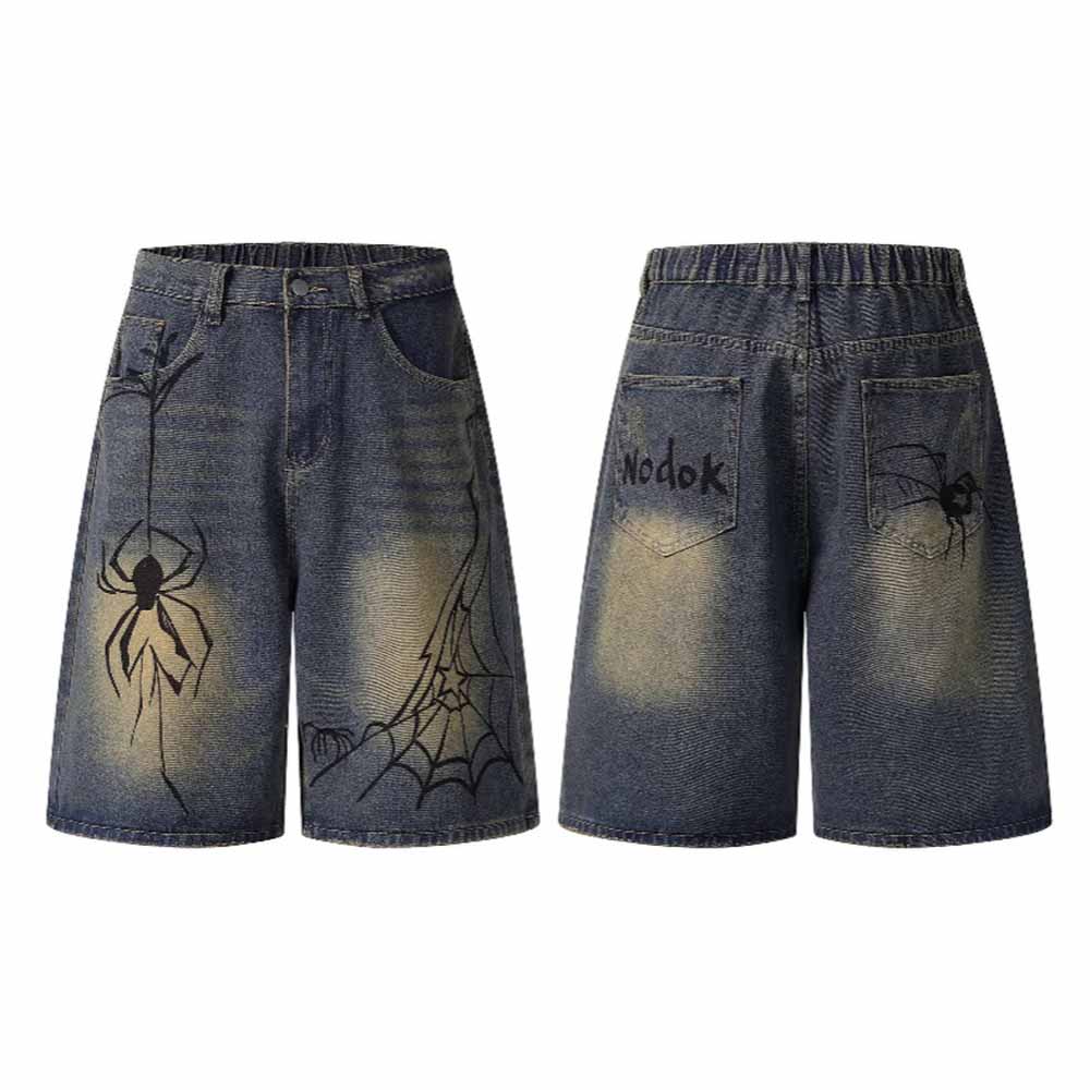 Punk Hand-Drawn Spider Pattern Loose Denim Shorts | Gthic.com