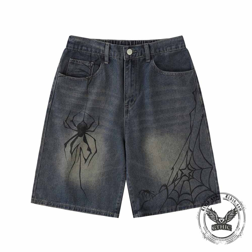 Punk Hand-Drawn Spider Pattern Loose Denim Shorts