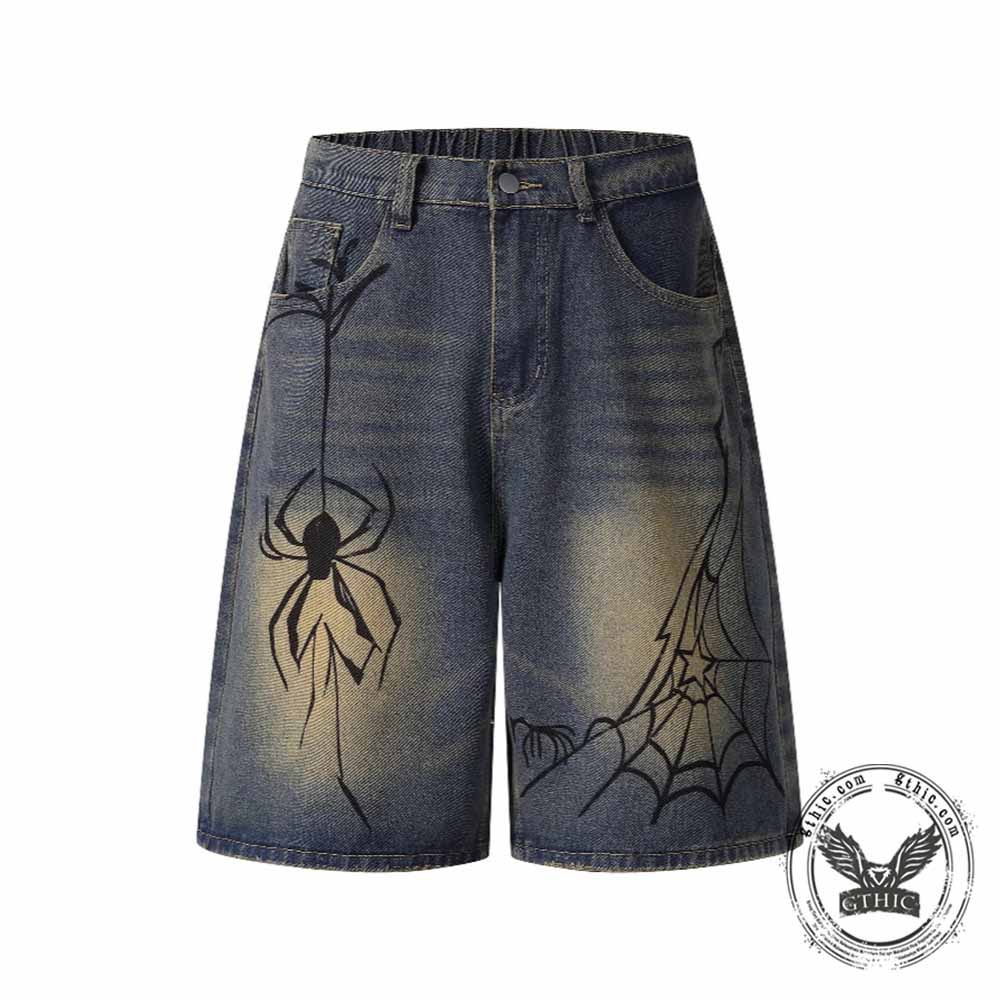 Punk Hand-Drawn Spider Pattern Loose Denim Shorts