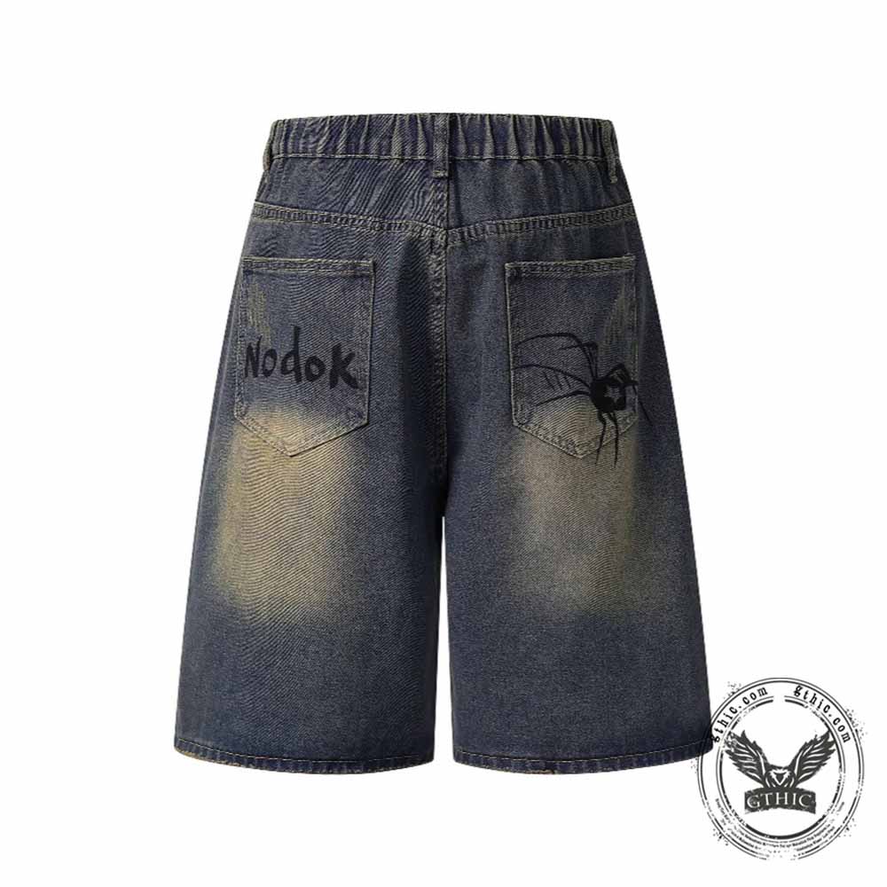 Punk Hand-Drawn Spider Pattern Loose Denim Shorts