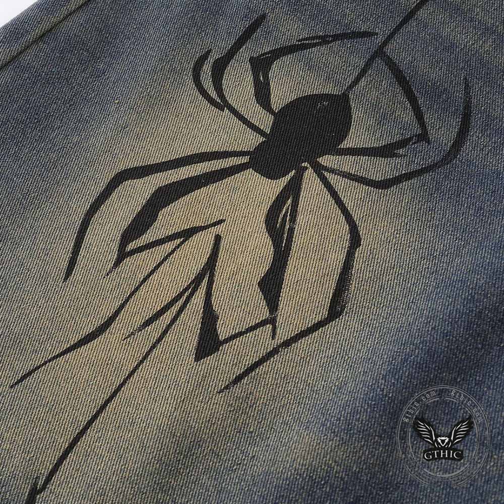 Punk Hand-Drawn Spider Pattern Loose Denim Shorts