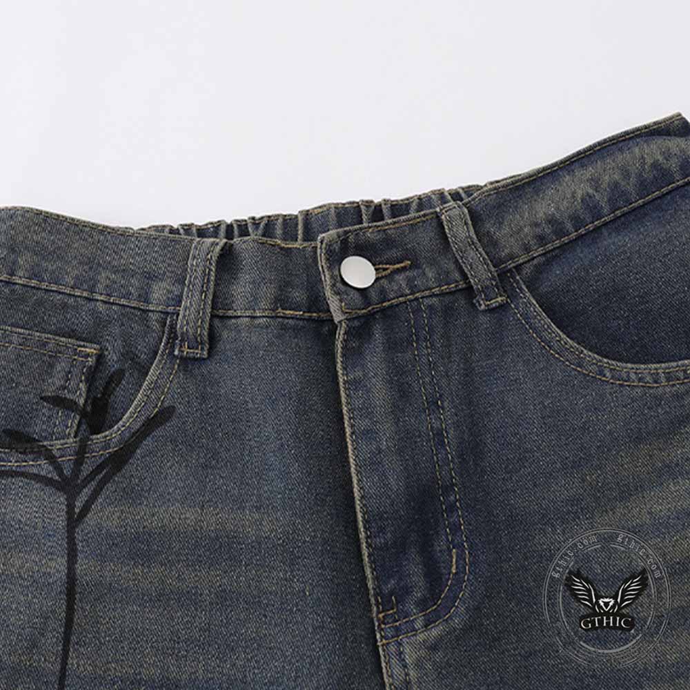 Punk Hand-Drawn Spider Pattern Loose Denim Shorts