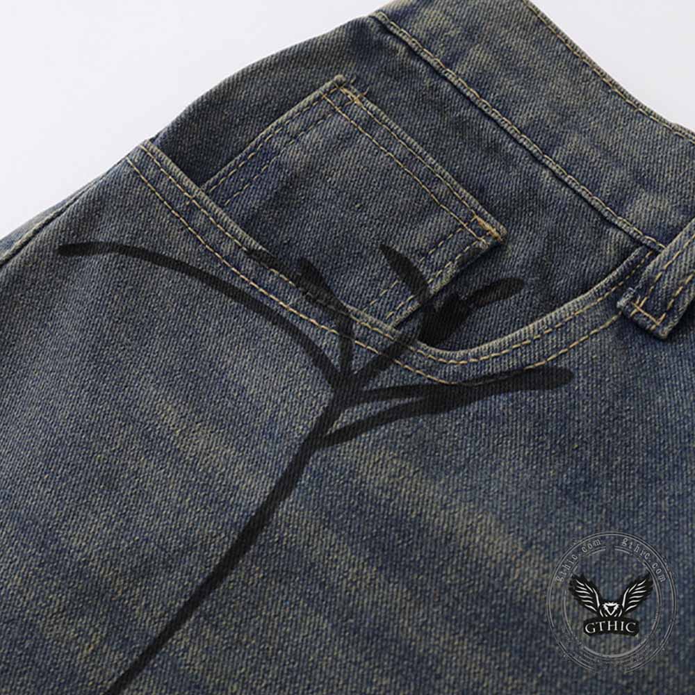 Punk Hand-Drawn Spider Pattern Loose Denim Shorts