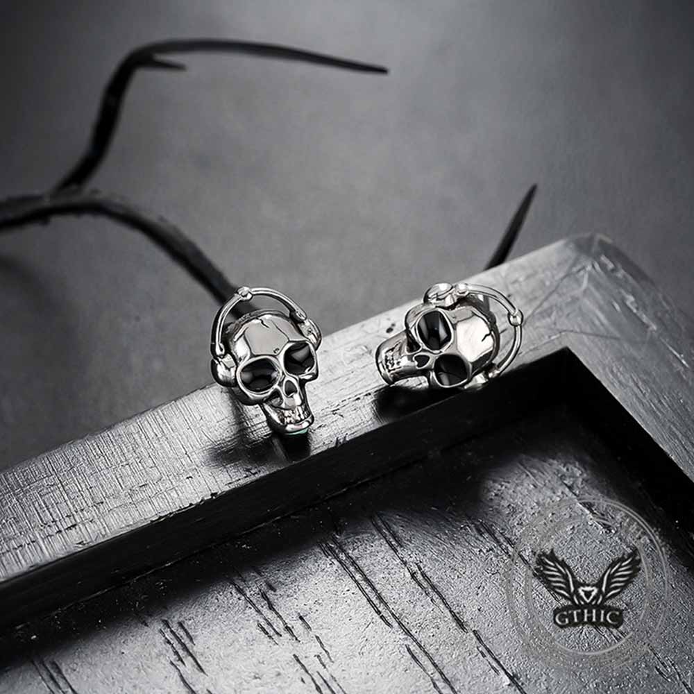 Punk Headphones Skull Stainless Steel Stud Earrings | Gthic.com