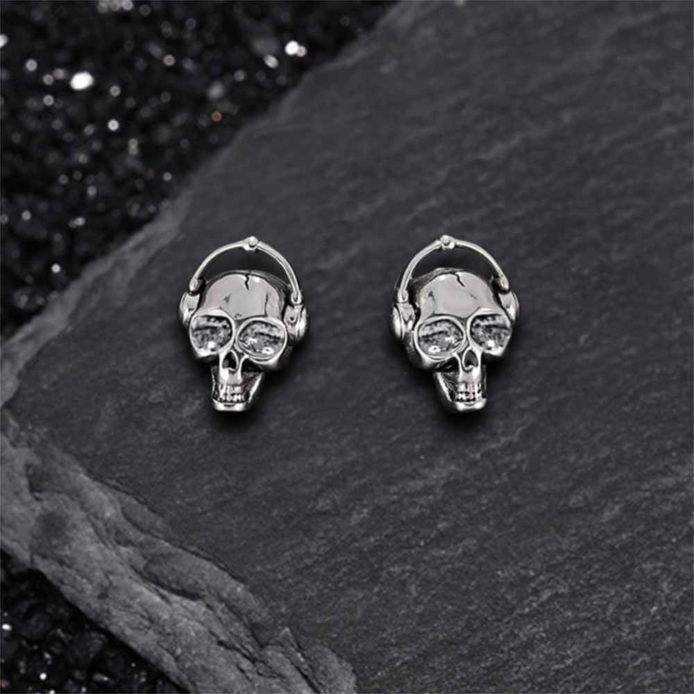 Punk Headphones Skull Stainless Steel Stud Earrings | Gthic.com