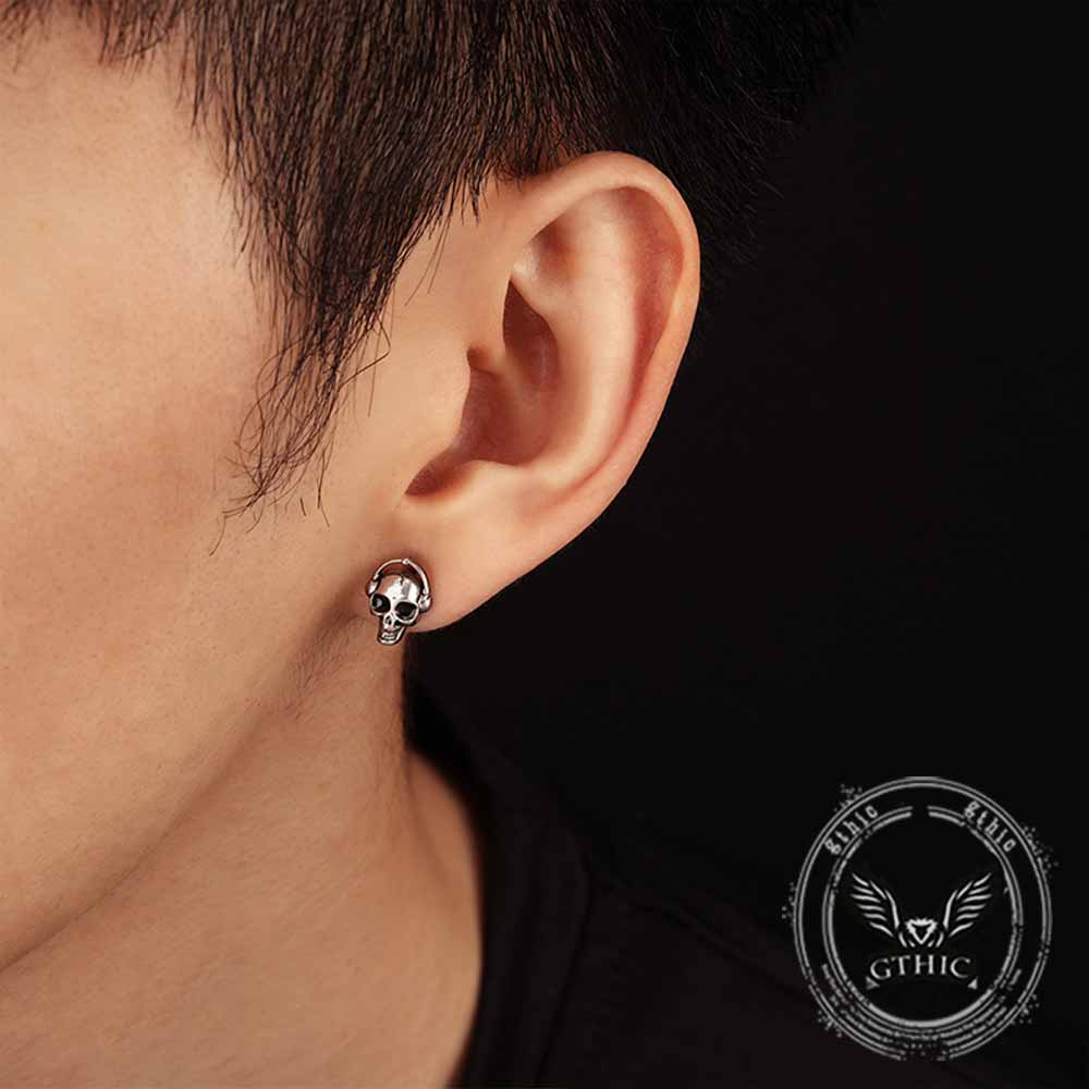 Punk Headphones Skull Stainless Steel Stud Earrings | Gthic.com