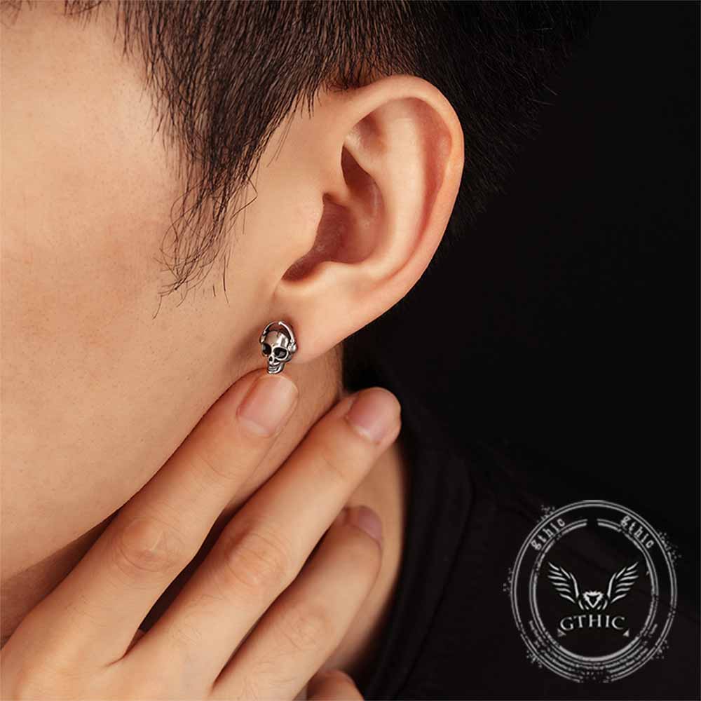 Punk Headphones Skull Stainless Steel Stud Earrings | Gthic.com