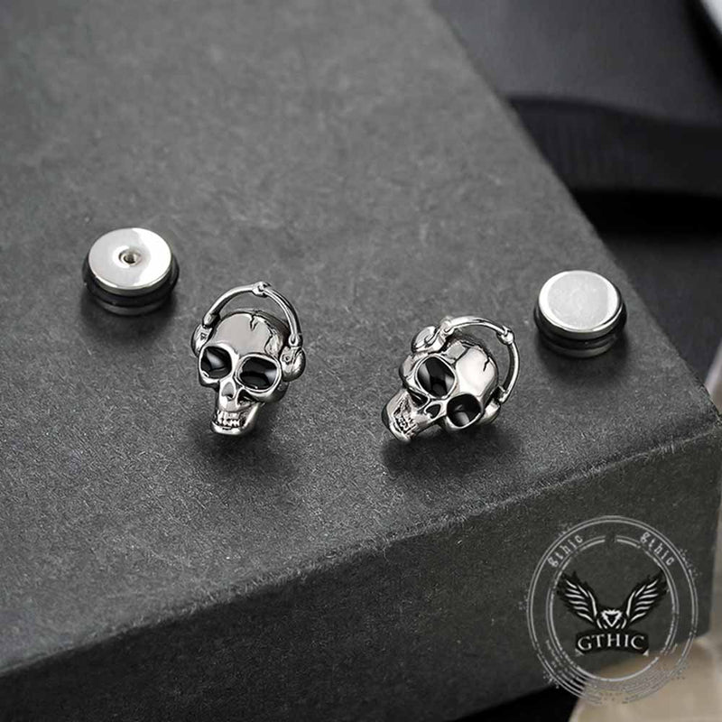Punk Headphones Skull Stainless Steel Stud Earrings | Gthic.com
