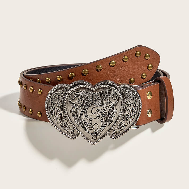 Punk Heart Overlapping Buckle Studded Leather Belt | Gthic.com