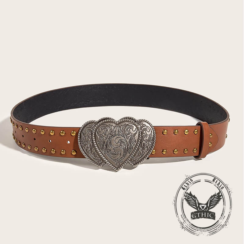 Punk Heart Overlapping Buckle Studded PU Leather Belt