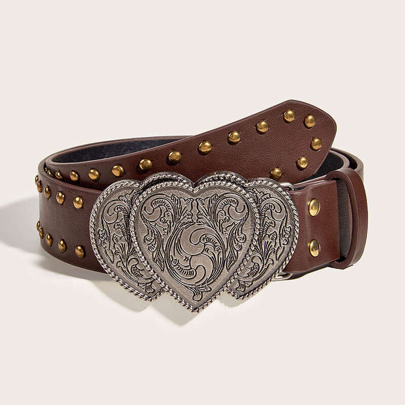 Punk Heart Overlapping Buckle Studded Leather Belt | Gthic.com