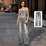 Punk High Street Tie Button Cargo Wide-Leg Jeans
