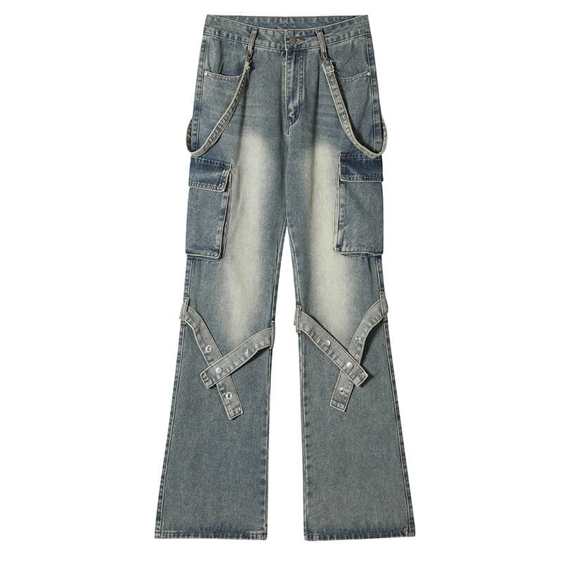 Punk High Street Tie Button Cargo Wide-Leg Jeans | Gthic.com