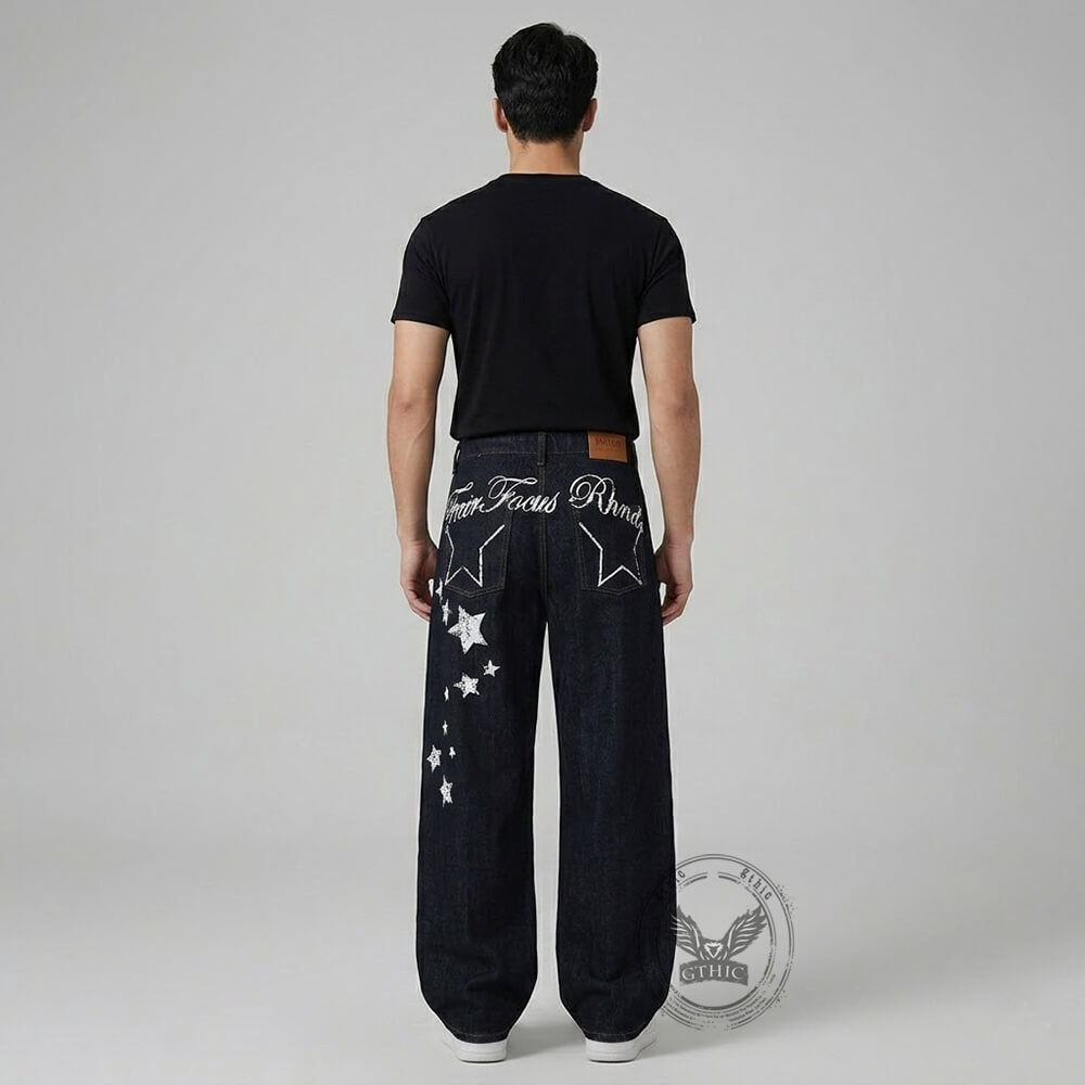 Punk Hip-Hop Star Print Loose-Fit Scimitar Jeans