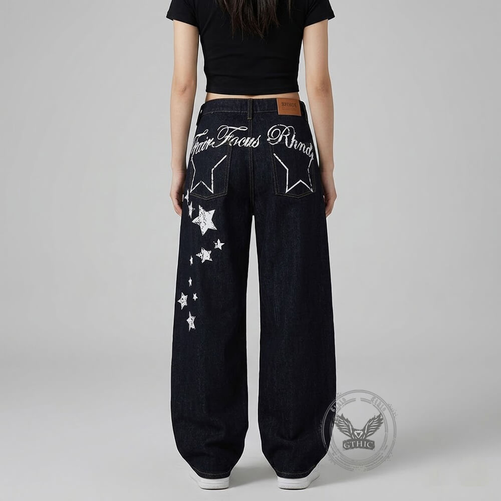 Punk Hip-Hop Star Print Loose-Fit Scimitar Jeans | Gthic.com