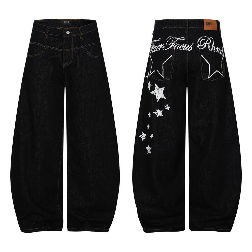 Punk Hip-Hop Star Print Loose-Fit Scimitar Jeans | Gthic.com