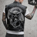 Punk Horns Print Lapel Ripped Denim Vest | Gthic.com