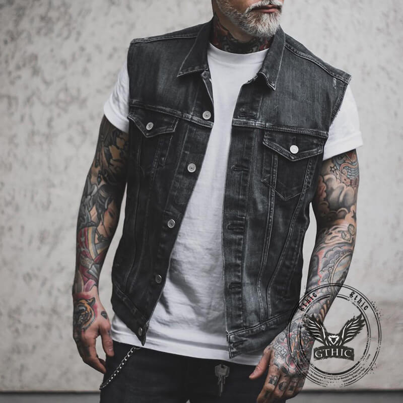Punk Horns Print Lapel Ripped Denim Vest | Gthic.com