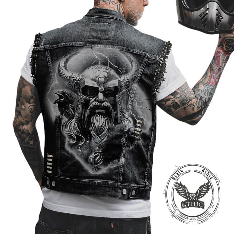 Punk Horns Print Lapel Ripped Denim Vest | Gthic.com