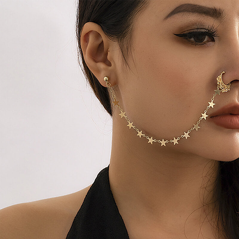 Punk Imitation Pearl Tassel Titanium Chain Earrings Nose Clip | Gthic.com