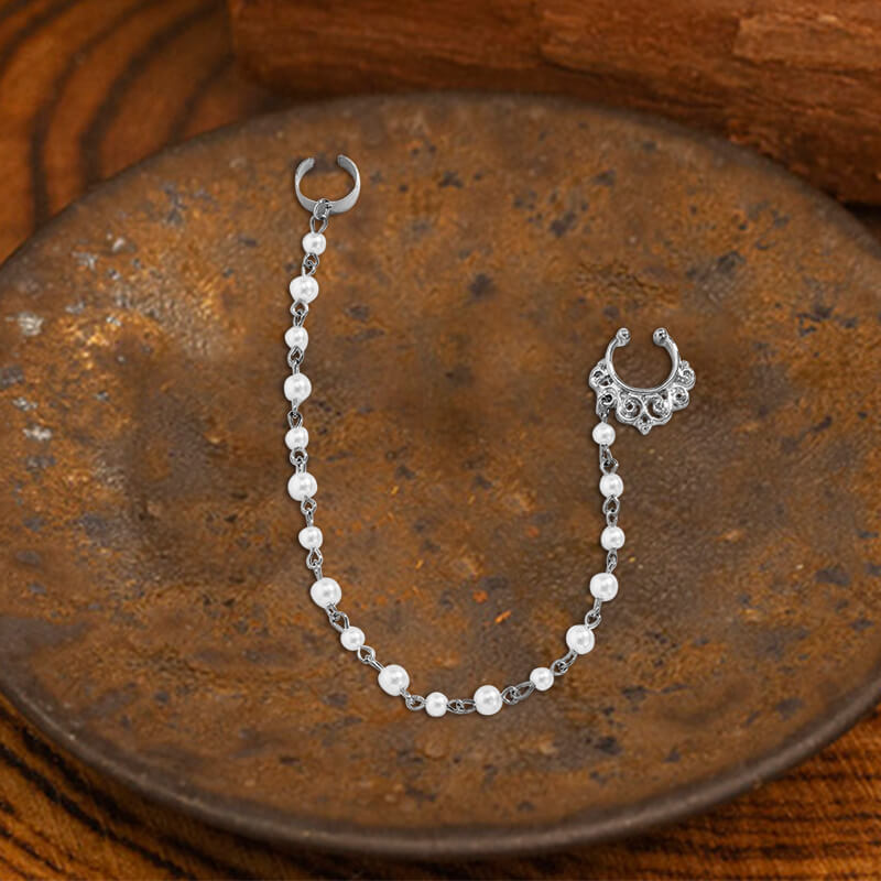 Punk Imitation Pearl Tassel Titanium Chain Earrings Nose Clip